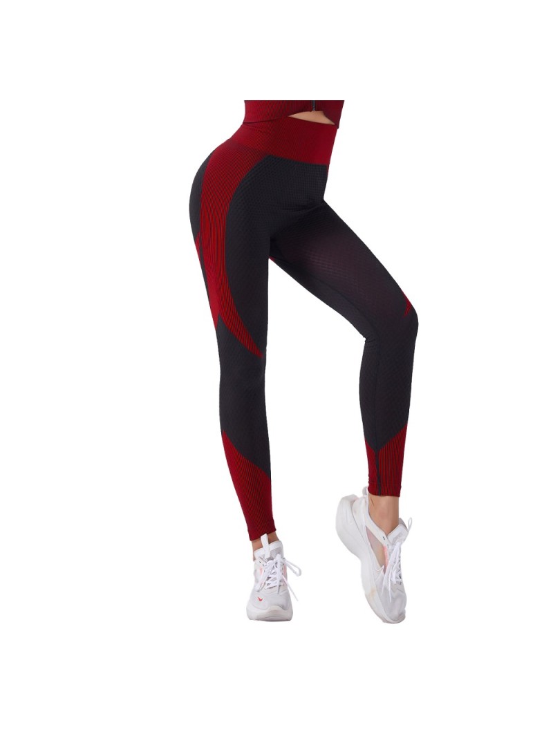 Color Splicing Women High Waist Yoga Pants Sports Seamless Hip Lifting Tights Fitness Leggings YJ002 Black Red L ishtari