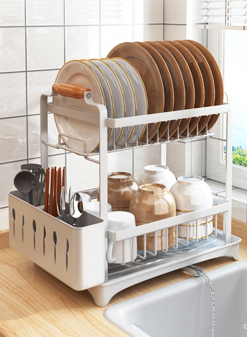 2 Layer Premium Material Anti Rust Dish Drying Rack With Knife Holders Hooks Cutting Board Storage W16.5 x D11.8 x H14.7 White ishtari